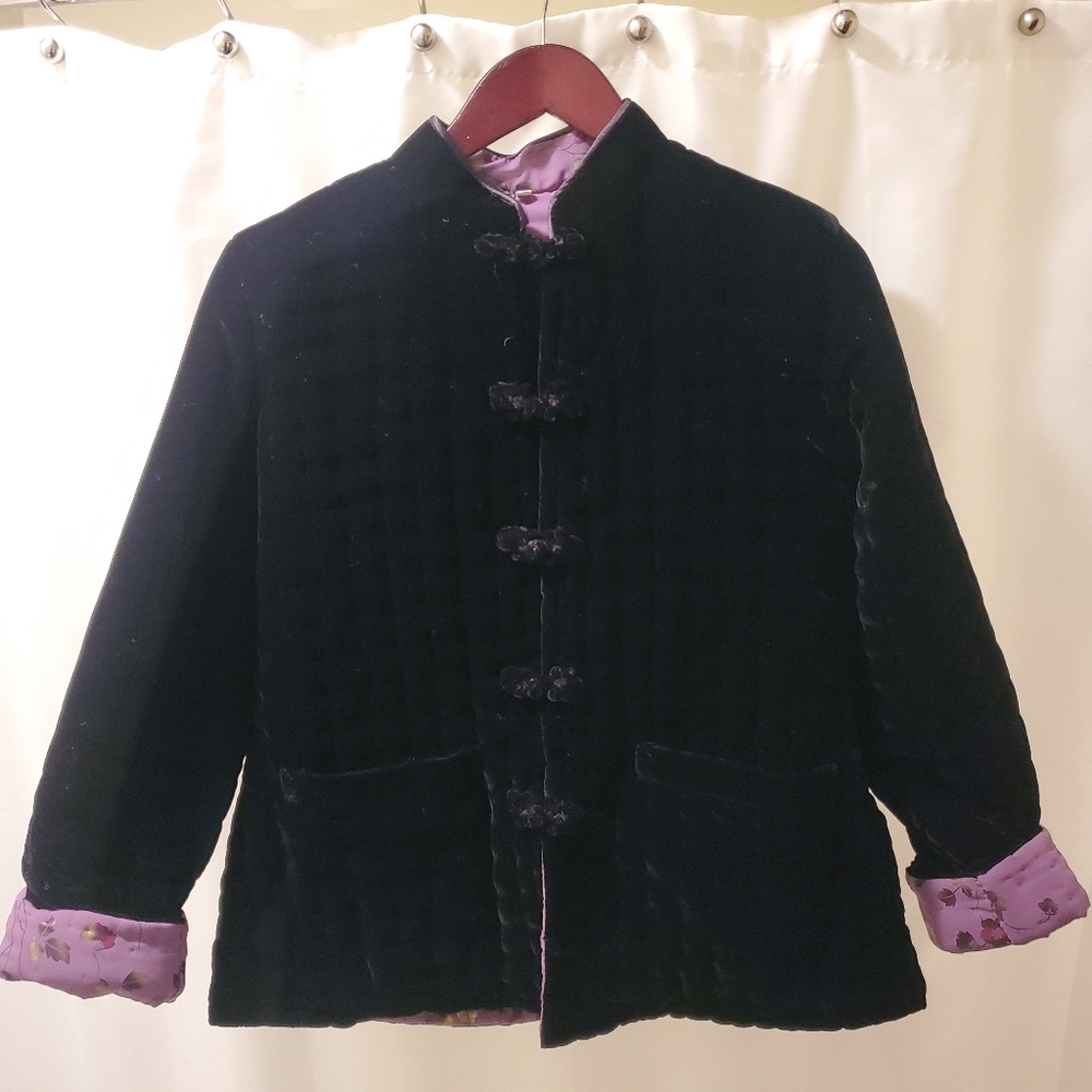 Vintage Mandarin Collar Reversible Chinese Silk Satin Frog Knot Jacket US M 8-10